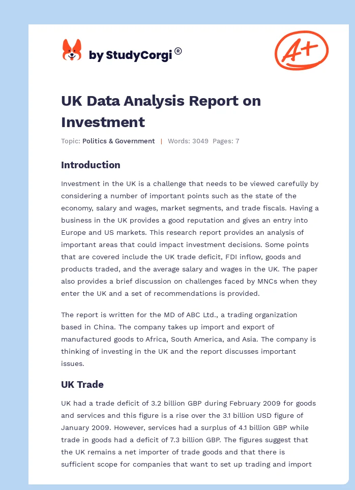 UK Data Analysis Report on Investment. Page 1