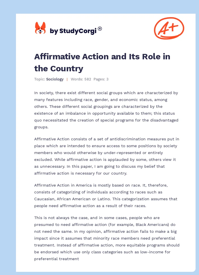 Affirmative Action and Its Role in the Country. Page 1