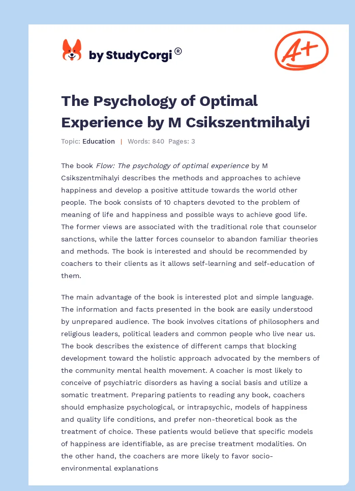 The Psychology of Optimal Experience by M Csikszentmihalyi. Page 1