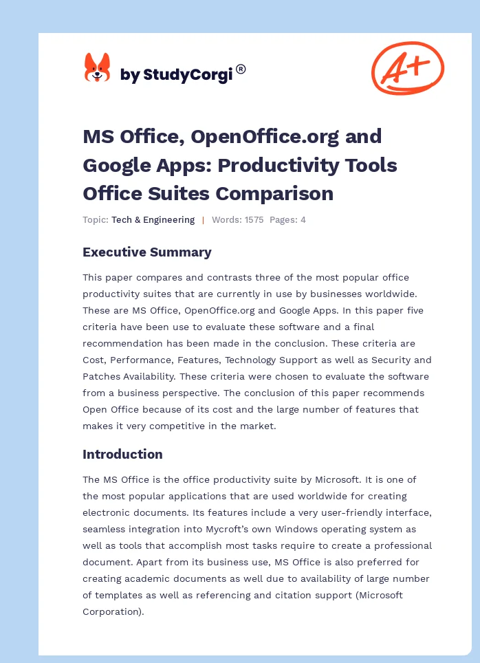 MS Office, OpenOffice.org and Google Apps: Productivity Tools Office Suites Comparison. Page 1