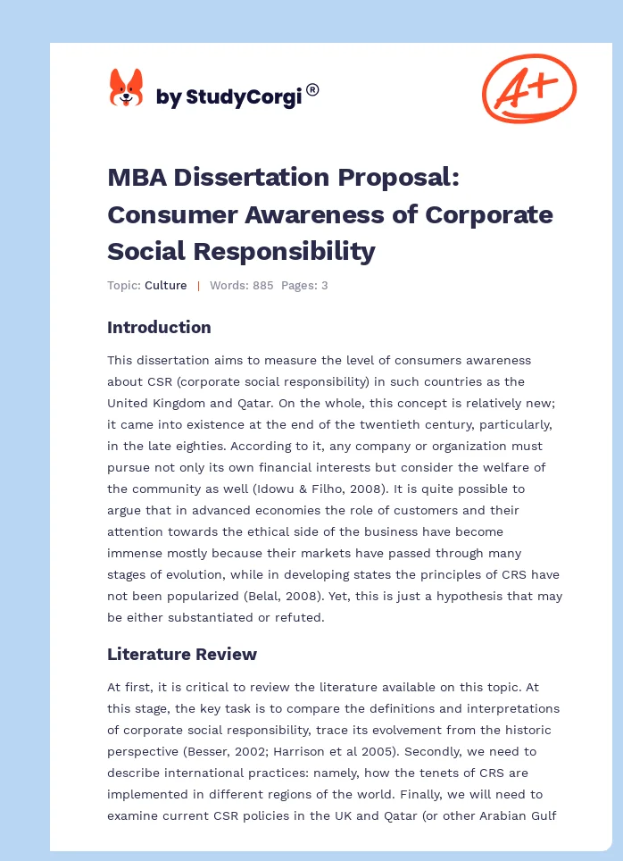 MBA Dissertation Proposal: Consumer Awareness of Corporate Social Responsibility. Page 1