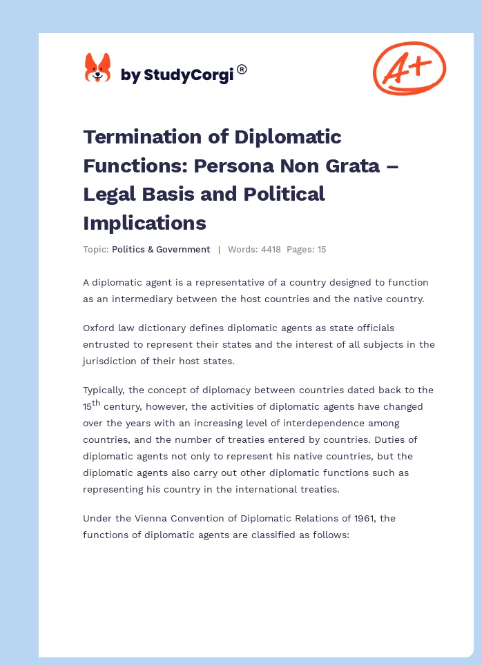 Termination of Diplomatic Functions: Persona Non Grata – Legal Basis and Political Implications. Page 1