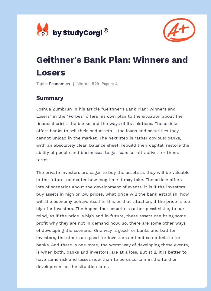 Geithner's Bank Plan: Winners and Losers. Page 1
