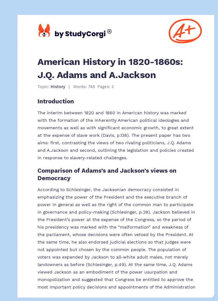American History in 1820-1860s: J.Q. Adams and A.Jackson. Page 1