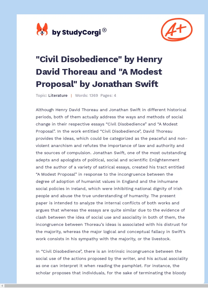 "Civil Disobedience" by Henry David Thoreau and "A Modest Proposal" by Jonathan Swift. Page 1