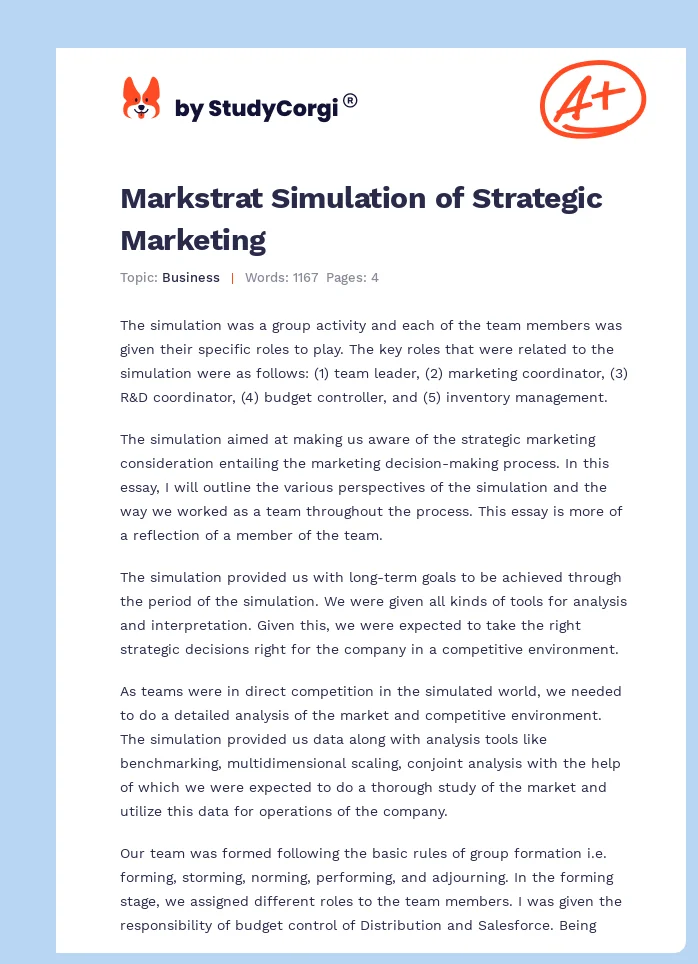 Markstrat Simulation of Strategic Marketing. Page 1