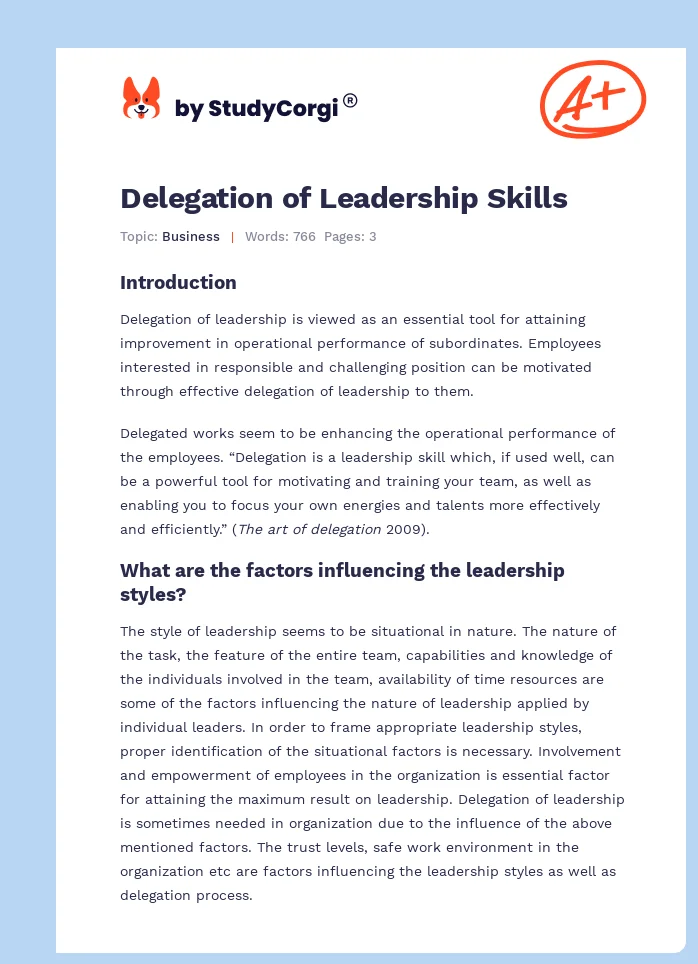 Delegation of Leadership Skills. Page 1