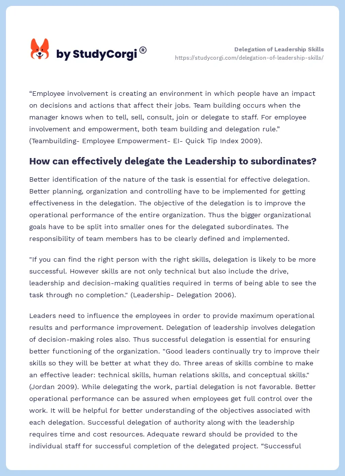Delegation of Leadership Skills. Page 2