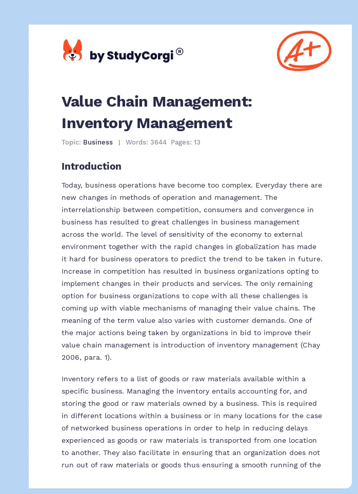 Value Chain Management: Inventory Management. Page 1