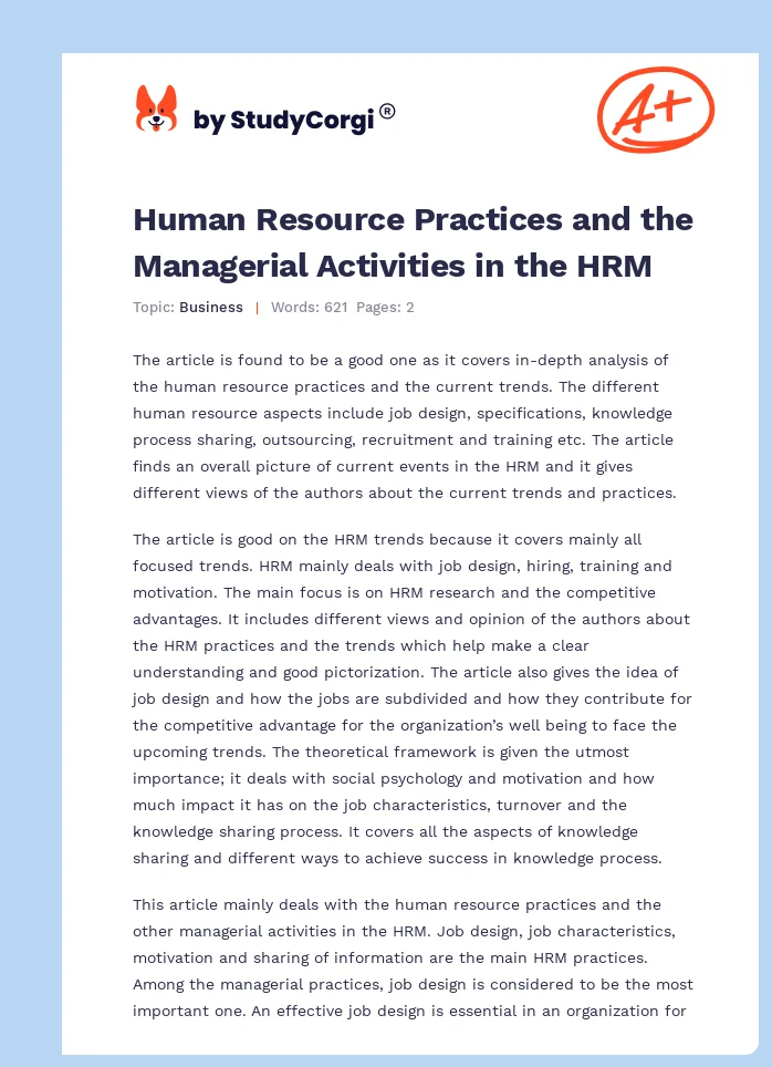 Human Resource Practices and the Managerial Activities in the HRM. Page 1