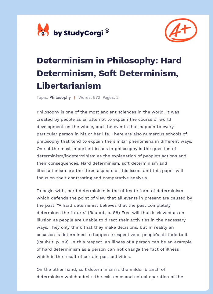 Determinism in Philosophy: Hard Determinism, Soft Determinism, Libertarianism. Page 1