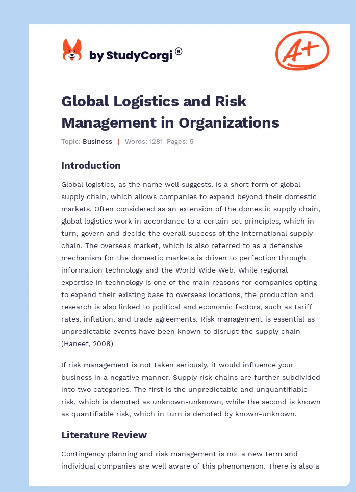 Global Logistics and Risk Management in Organizations. Page 1