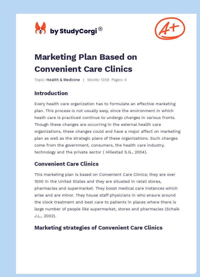 Marketing Plan Based on Convenient Care Clinics. Page 1
