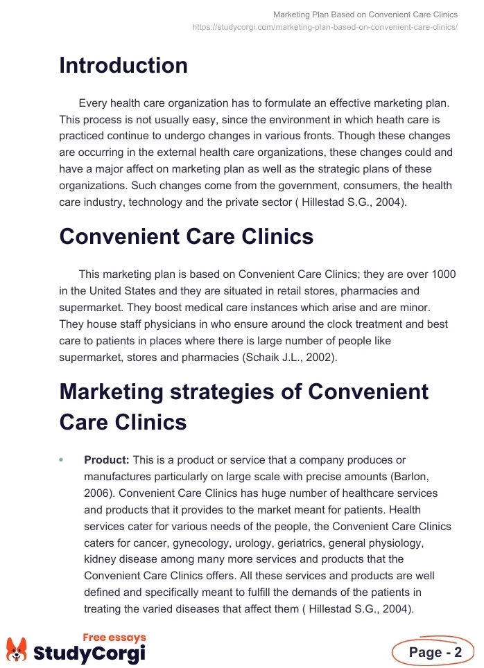 Marketing Plan Based on Convenient Care Clinics. Page 2