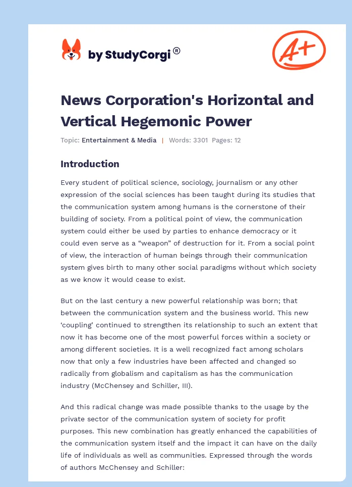News Corporation's Horizontal and Vertical Hegemonic Power. Page 1