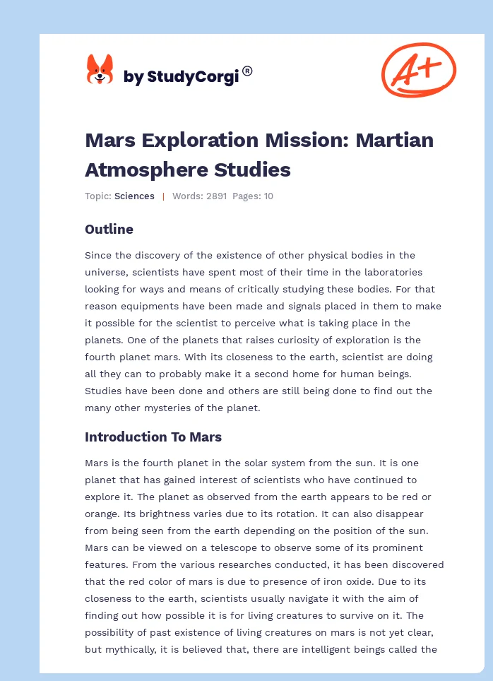 Mars Exploration Mission: Martian Atmosphere Studies. Page 1