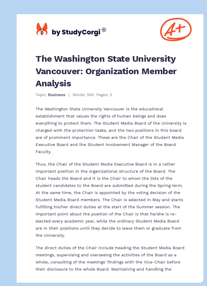 The Washington State University Vancouver: Organization Member Analysis. Page 1