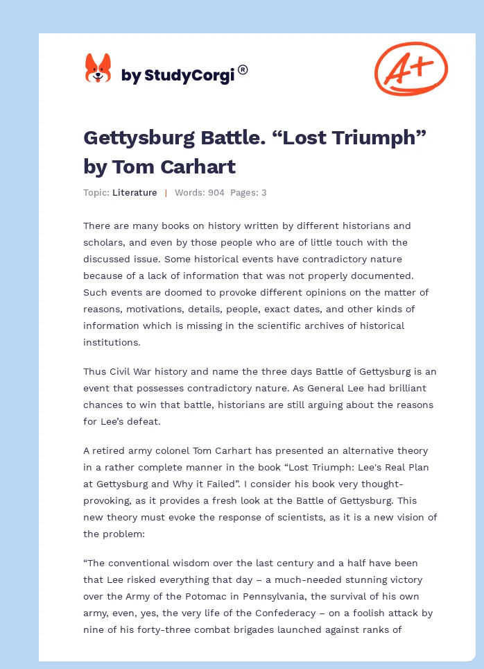 Gettysburg Battle. “Lost Triumph” by Tom Carhart. Page 1
