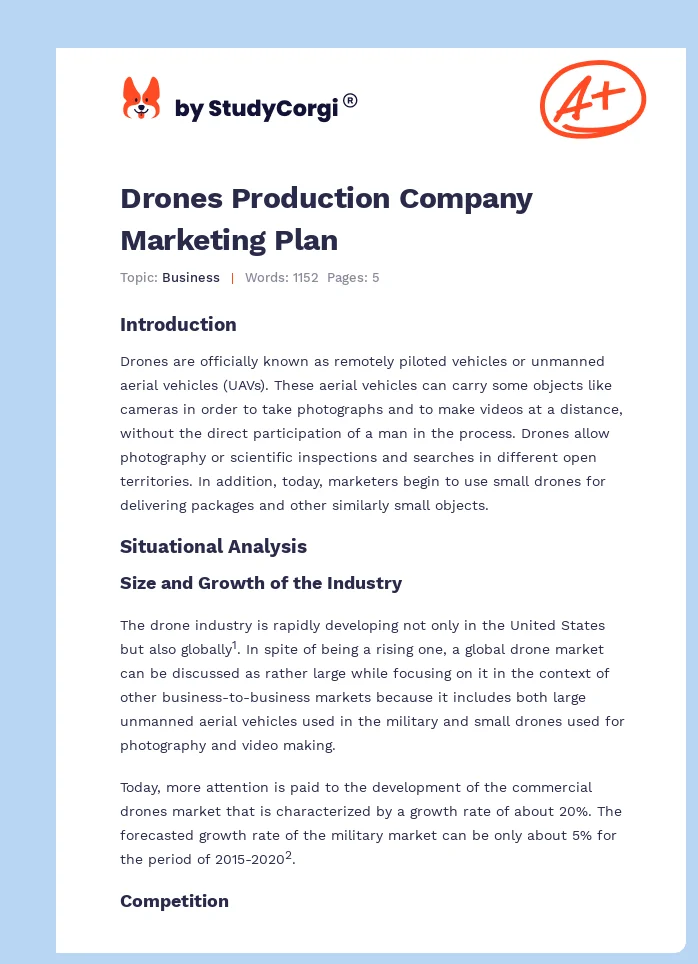 Drones Production Company Marketing Plan. Page 1