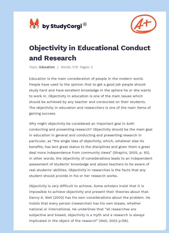 Objectivity in Educational Conduct and Research. Page 1