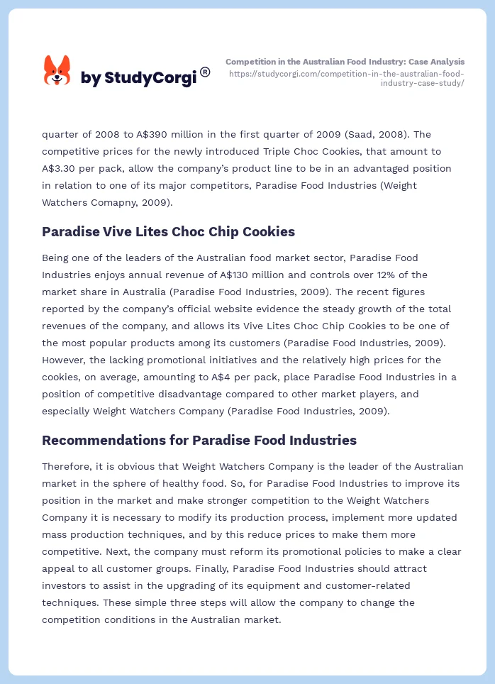 Competition in the Australian Food Industry: Case Analysis. Page 2