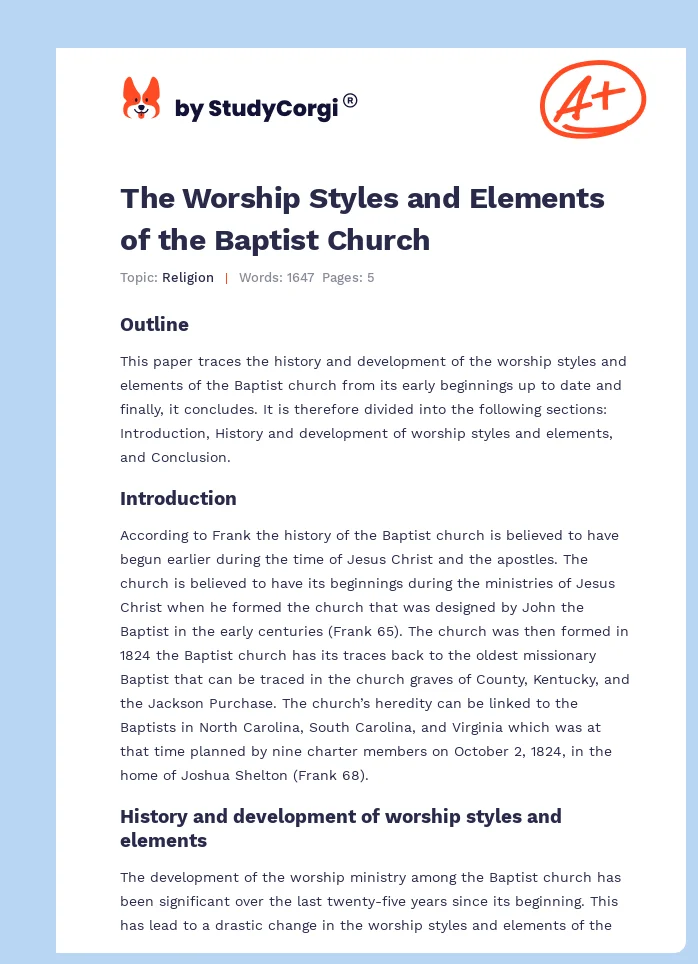 The Worship Styles and Elements of the Baptist Church. Page 1