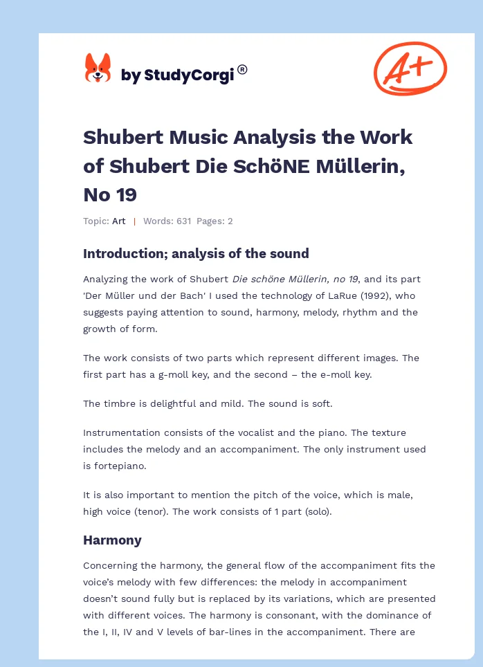 Shubert Music Analysis the Work of Shubert Die SchöNE Müllerin, No 19. Page 1