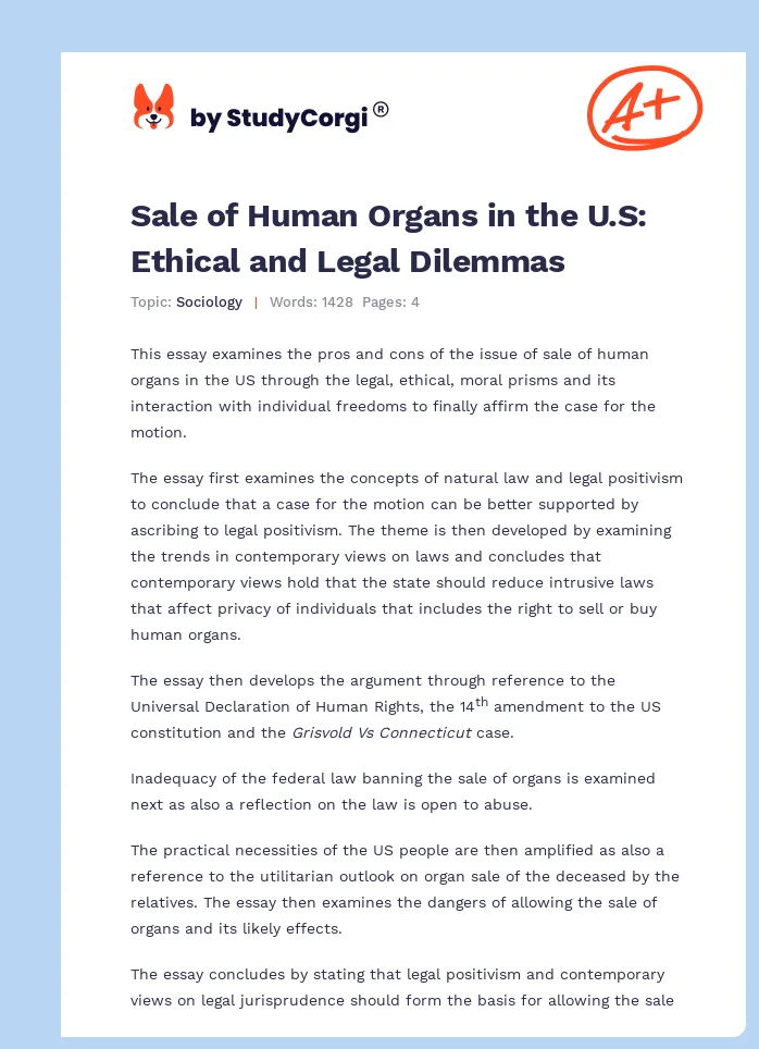 Sale of Human Organs in the U.S: Ethical and Legal Dilemmas. Page 1