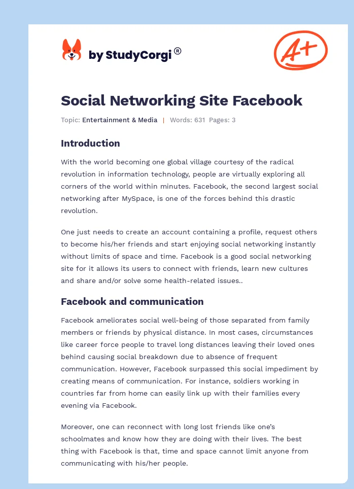 Social Networking Site Facebook. Page 1