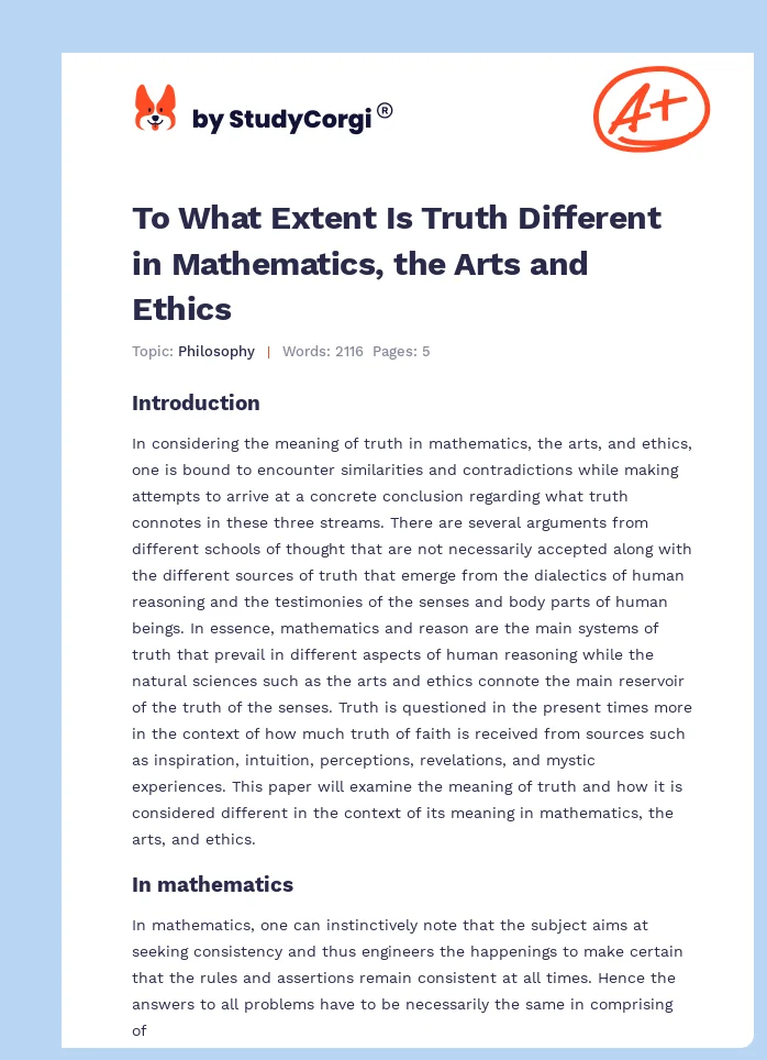 To What Extent Is Truth Different in Mathematics, the Arts and Ethics. Page 1