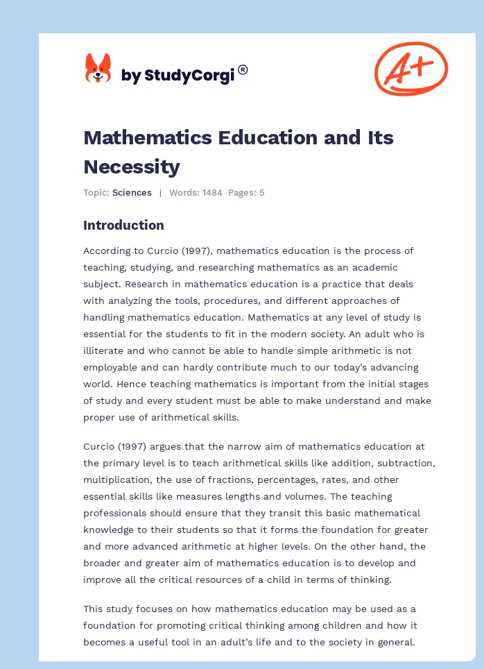Mathematics Education and Its Necessity. Page 1