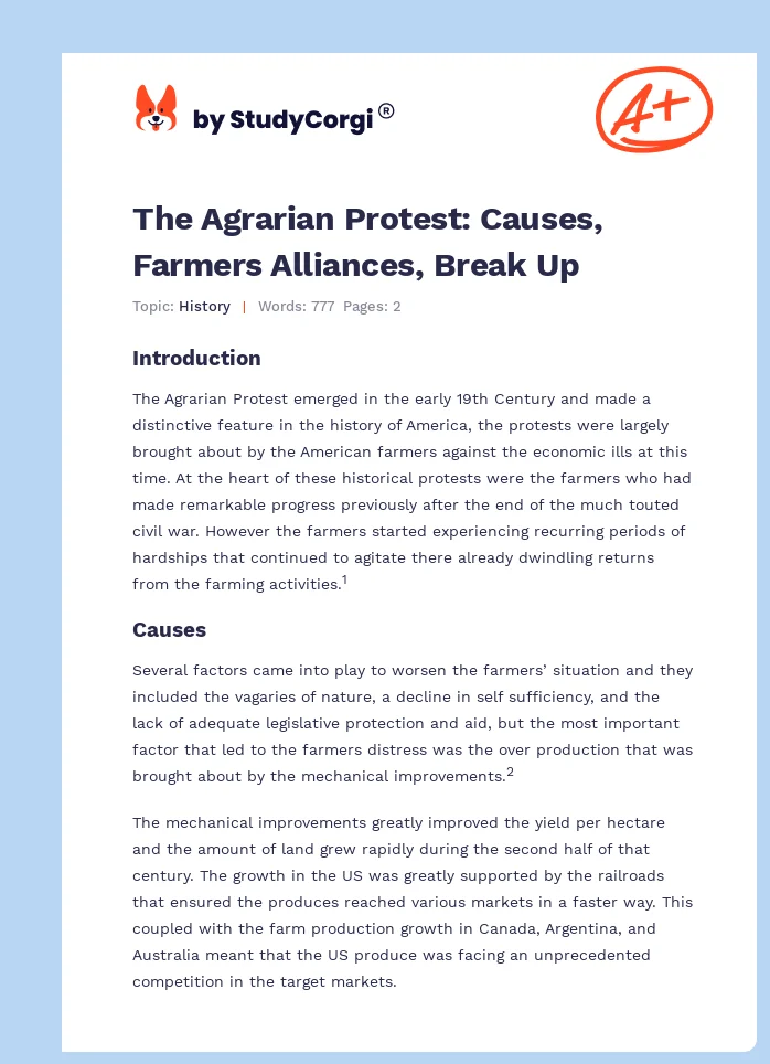 The Agrarian Protest: Causes, Farmers Alliances, Break Up. Page 1