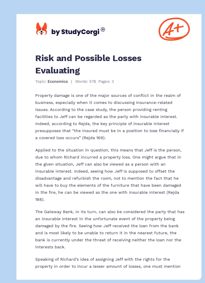 Risk and Possible Losses Evaluating. Page 1