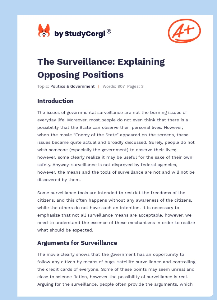 The Surveillance: Explaining Opposing Positions. Page 1