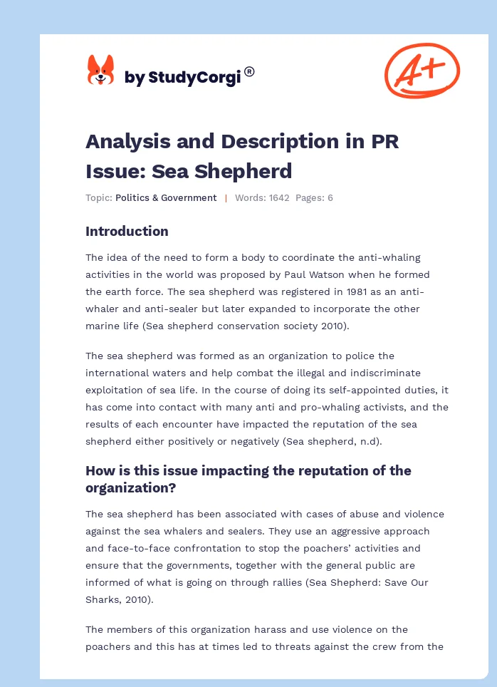 Analysis and Description in PR Issue: Sea Shepherd. Page 1