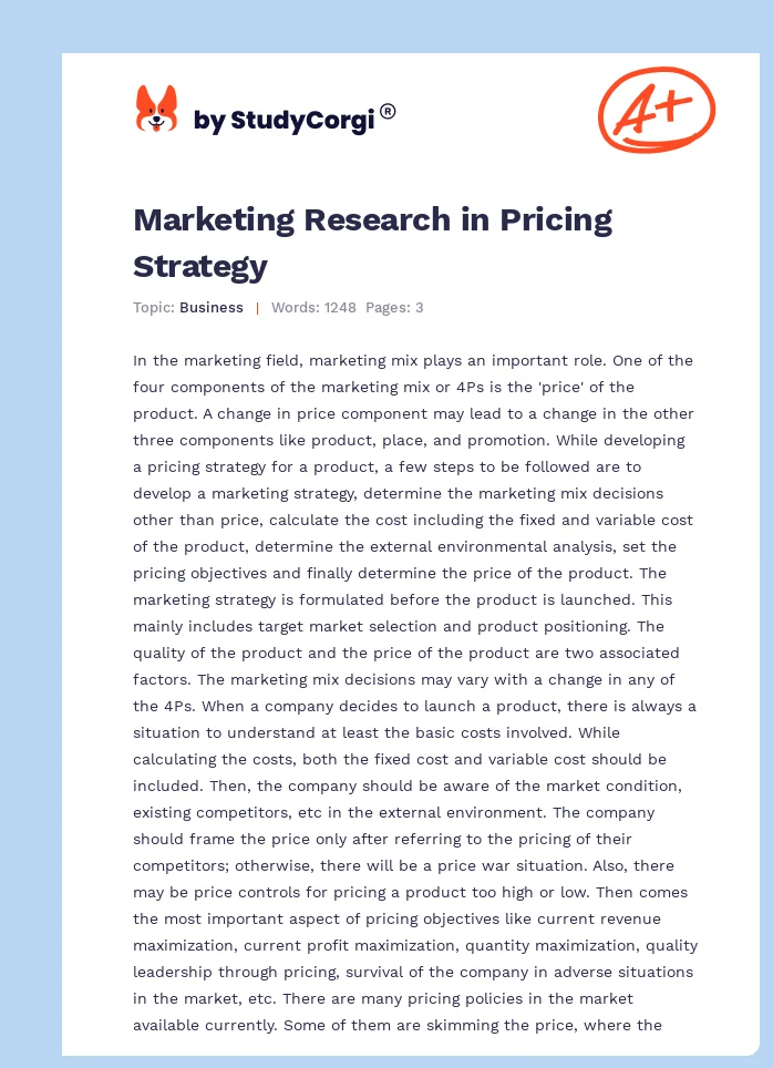 Marketing Research in Pricing Strategy. Page 1