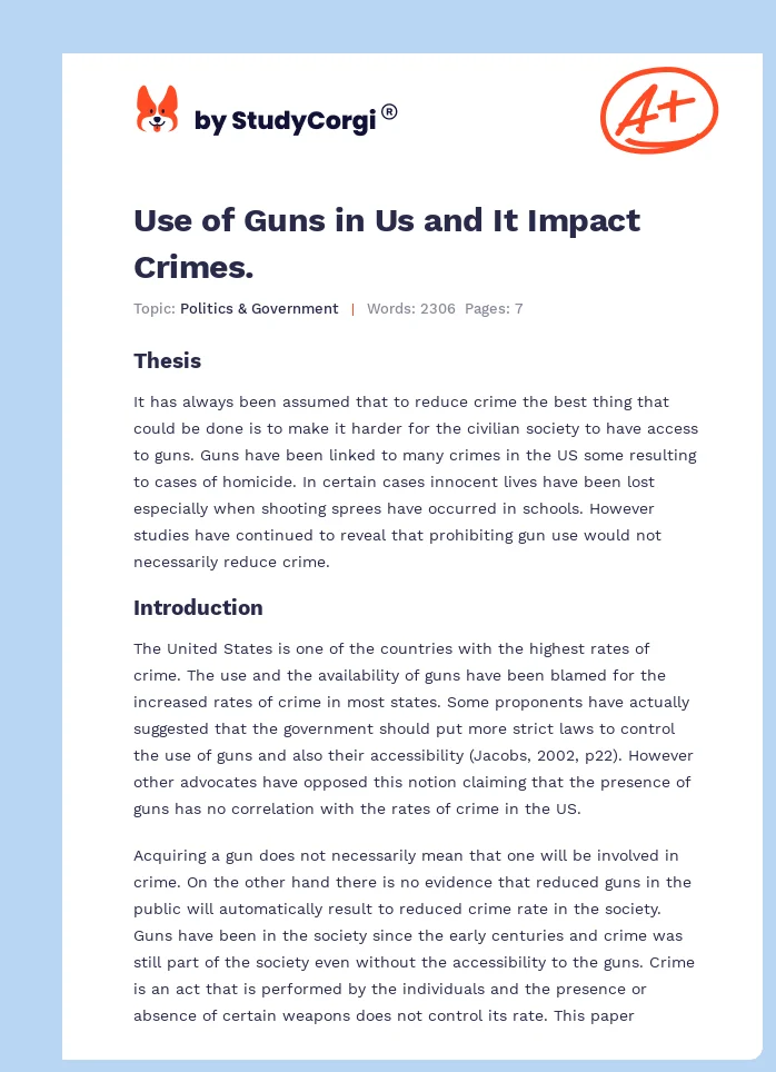 Use of Guns in Us and It Impact Crimes.. Page 1