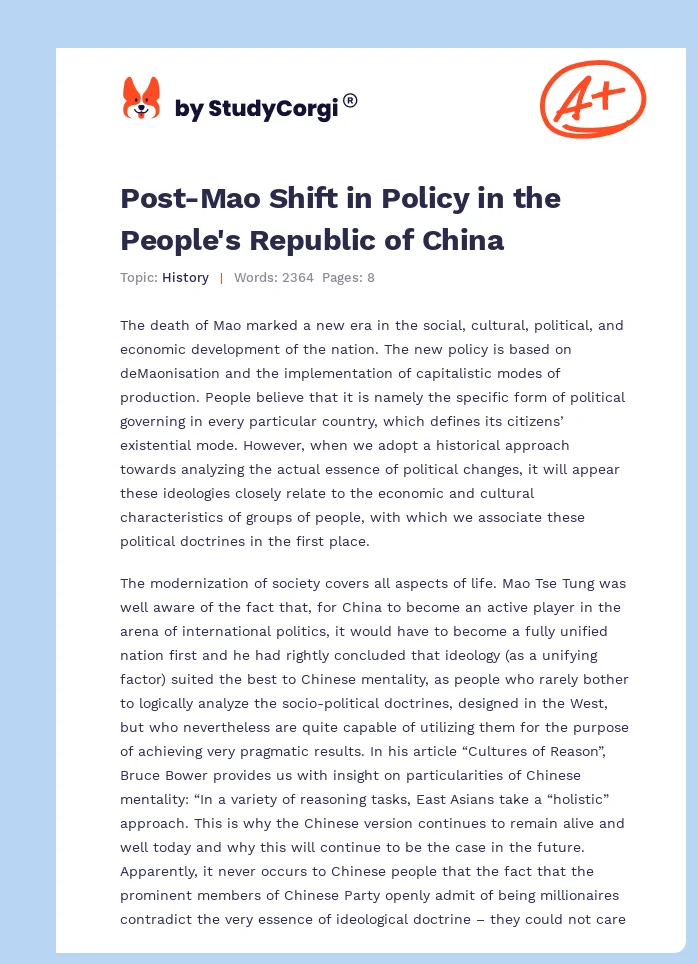 Post-Mao Shift in Policy in the People's Republic of China. Page 1