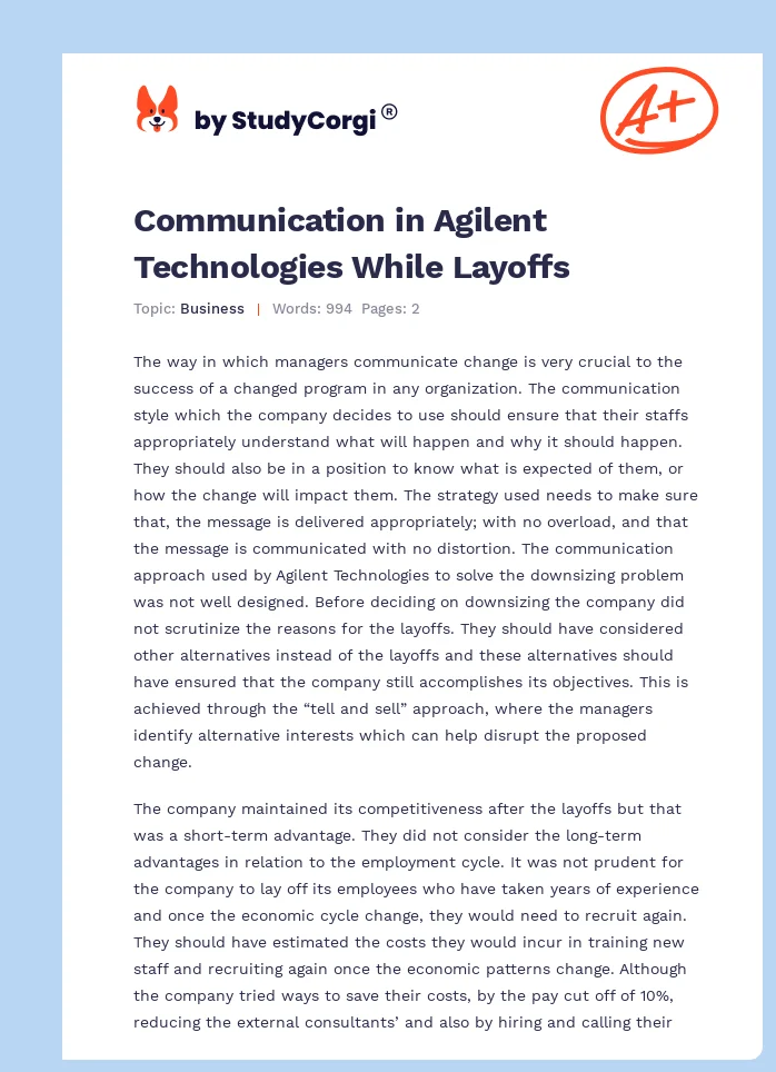 Communication in Agilent Technologies While Layoffs. Page 1