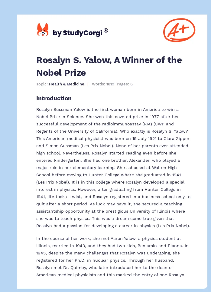 Rosalyn S. Yalow, A Winner of the Nobel Prize. Page 1