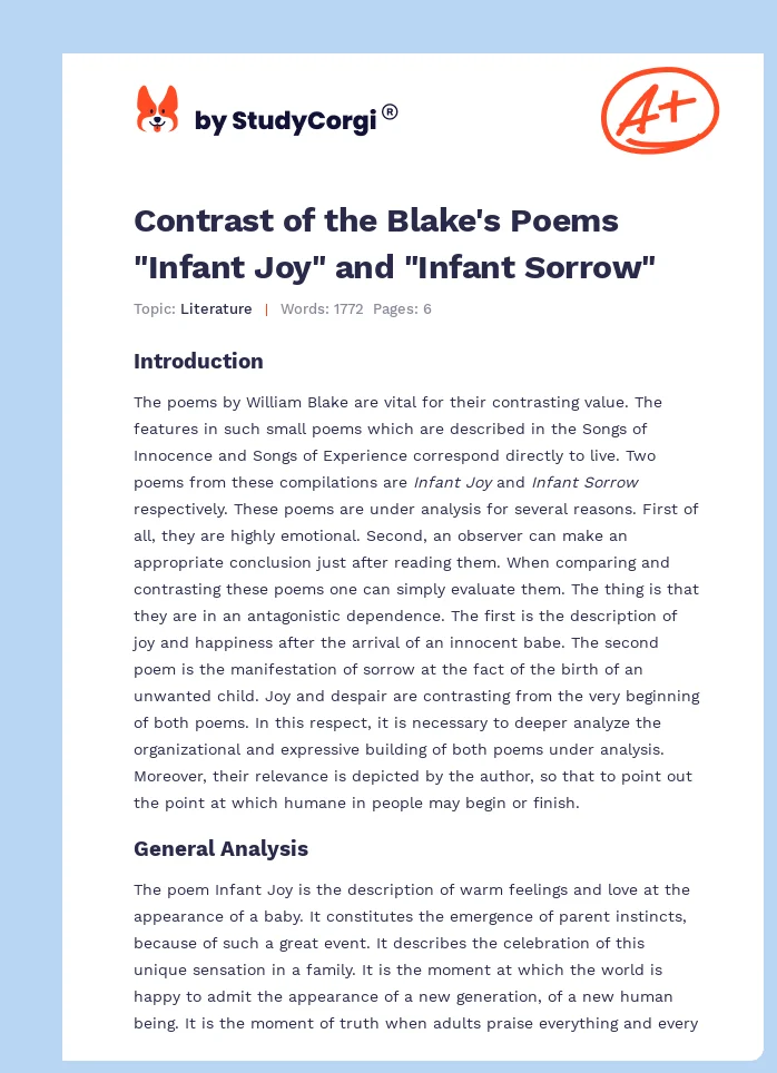 Contrast of the Blake's Poems "Infant Joy" and "Infant Sorrow". Page 1