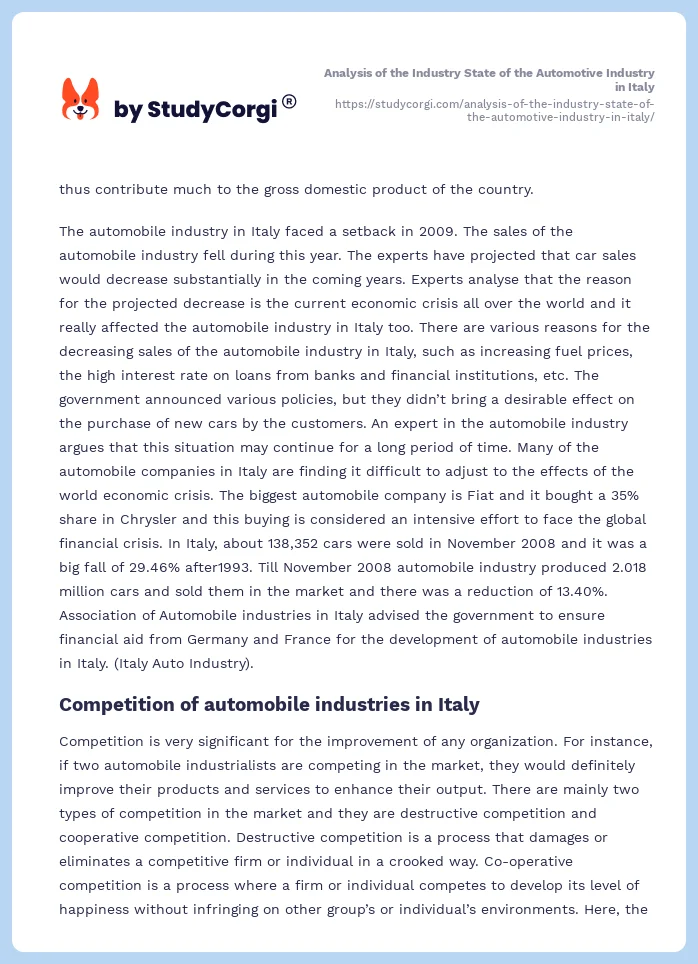Analysis of the Industry State of the Automotive Industry in Italy. Page 2