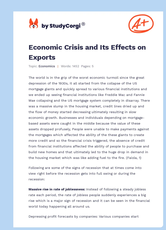 Economic Crisis and Its Effects on Exports. Page 1