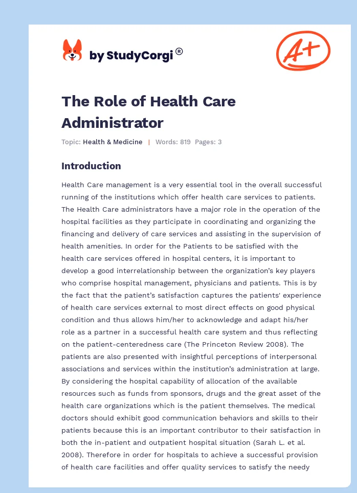 The Role of Health Care Administrator. Page 1