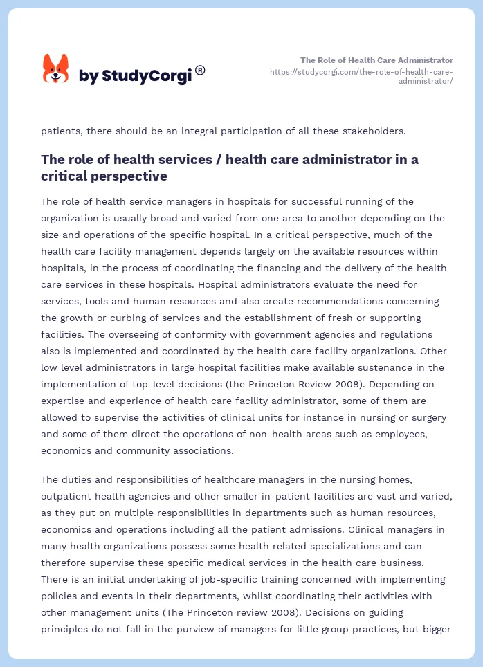 The Role of Health Care Administrator. Page 2