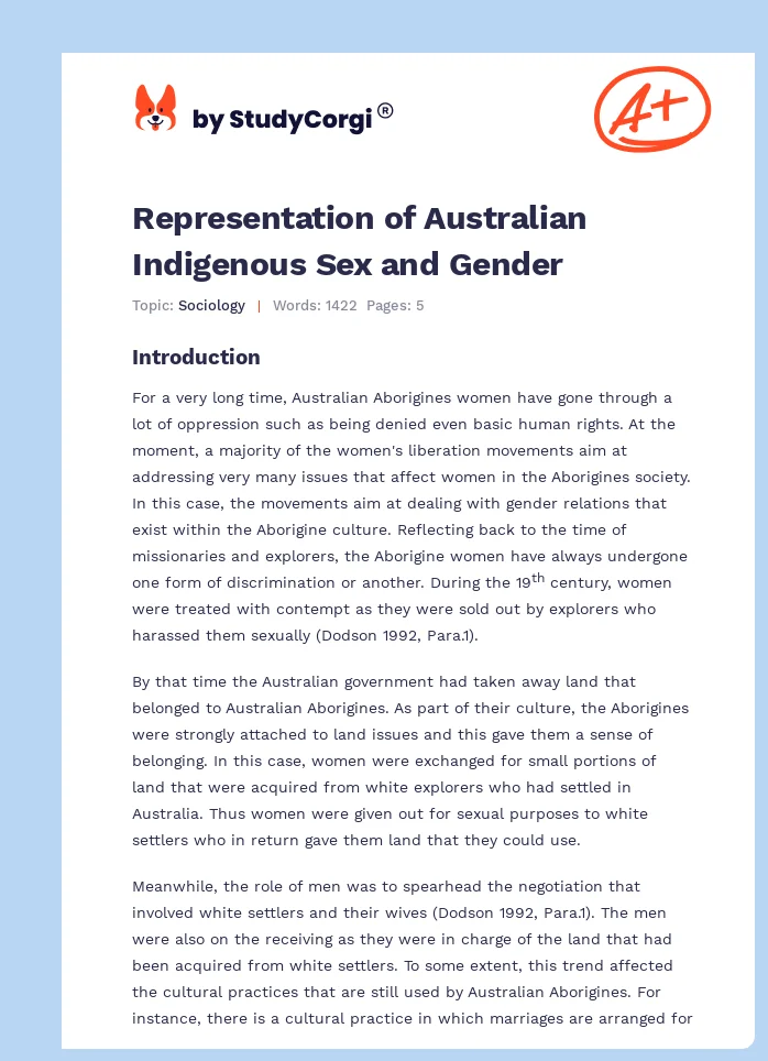 Representation of Australian Indigenous Sex and Gender. Page 1