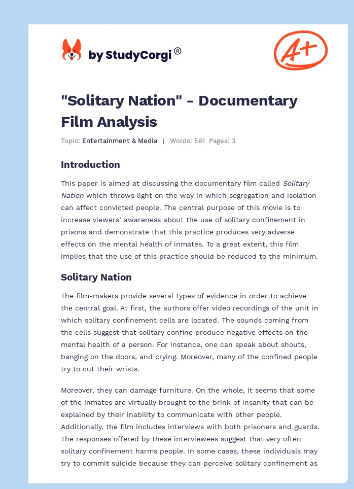 "Solitary Nation" - Documentary Film Analysis. Page 1