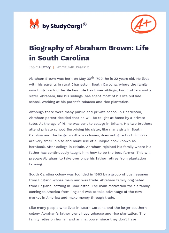 Biography of Abraham Brown: Life in South Carolina. Page 1