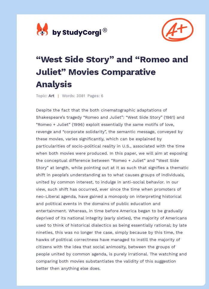 “West Side Story” and “Romeo and Juliet” Movies Comparative Analysis. Page 1