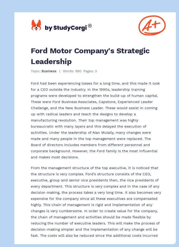 Ford Motor Company's Strategic Leadership. Page 1